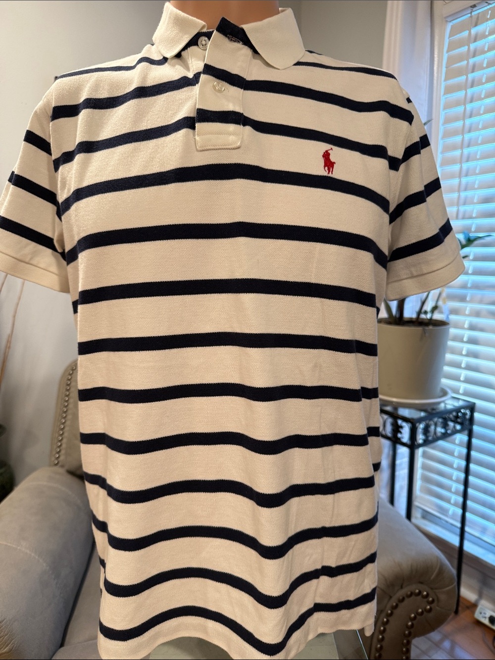 Polo Ralph Lauren Custom Fit Striped Cotton Polo Shirt Cream & Blue Medium